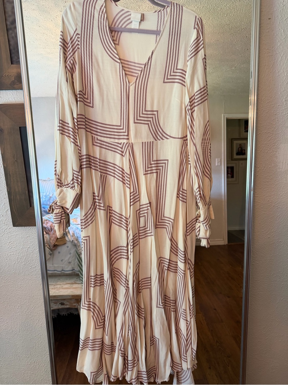H&M Cream and Brown Geometric Long Sleeve Maxi Dress